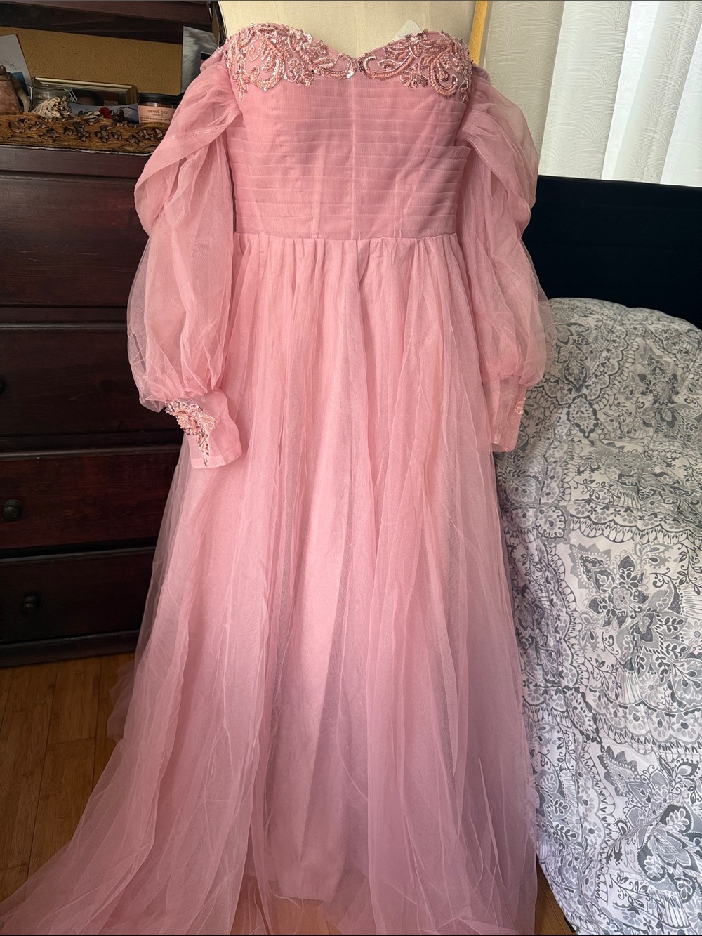 Whimsical Dusty Rose Tulle Off-Shoulder Dress